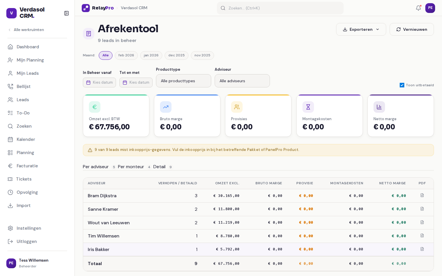 De afrekentool in RelayPro met stat-kaarten voor omzet, marge en provisie en het detail-tabblad