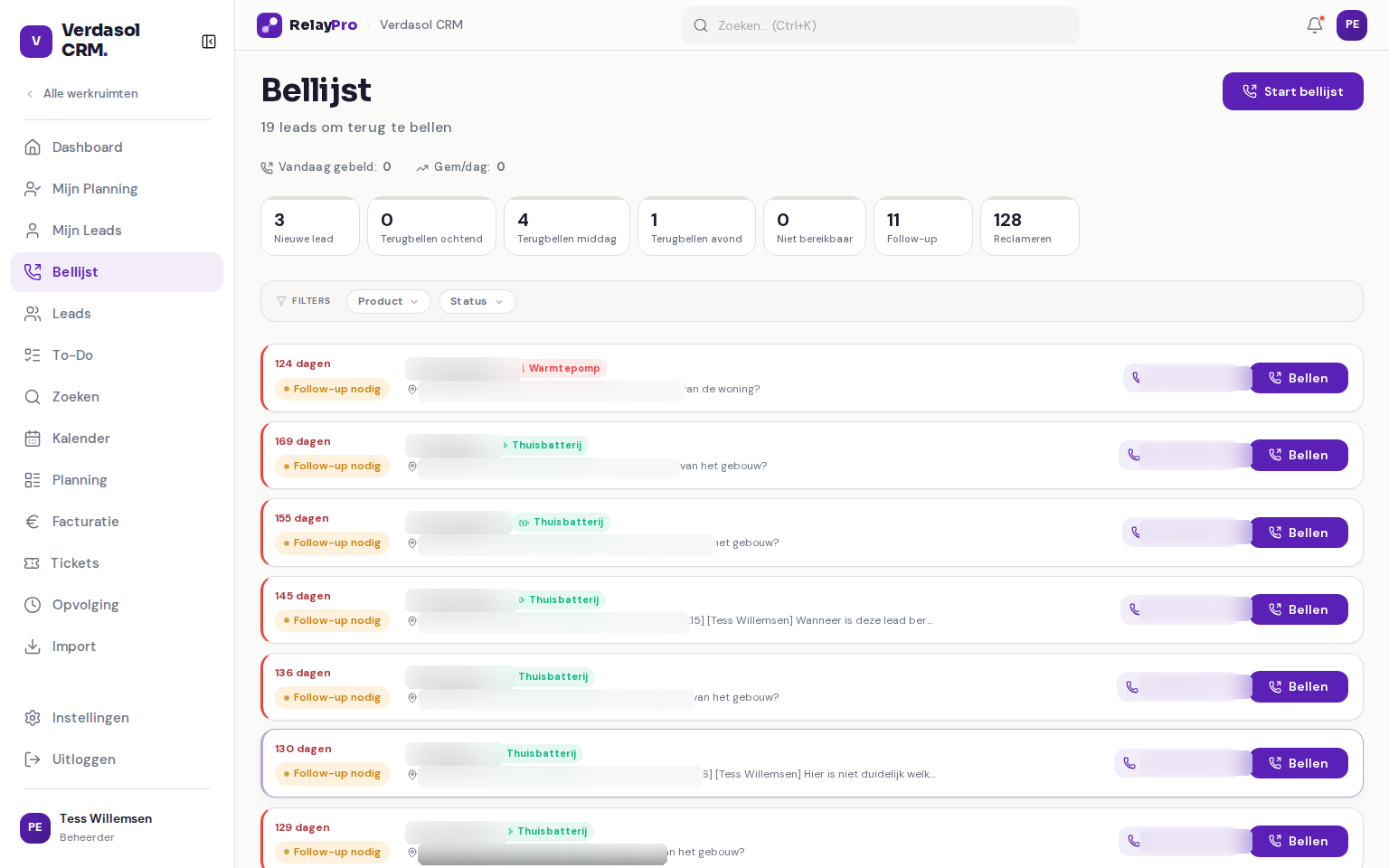 De bellijst in RelayPro met bel-kaarten en de knop Start bellijst