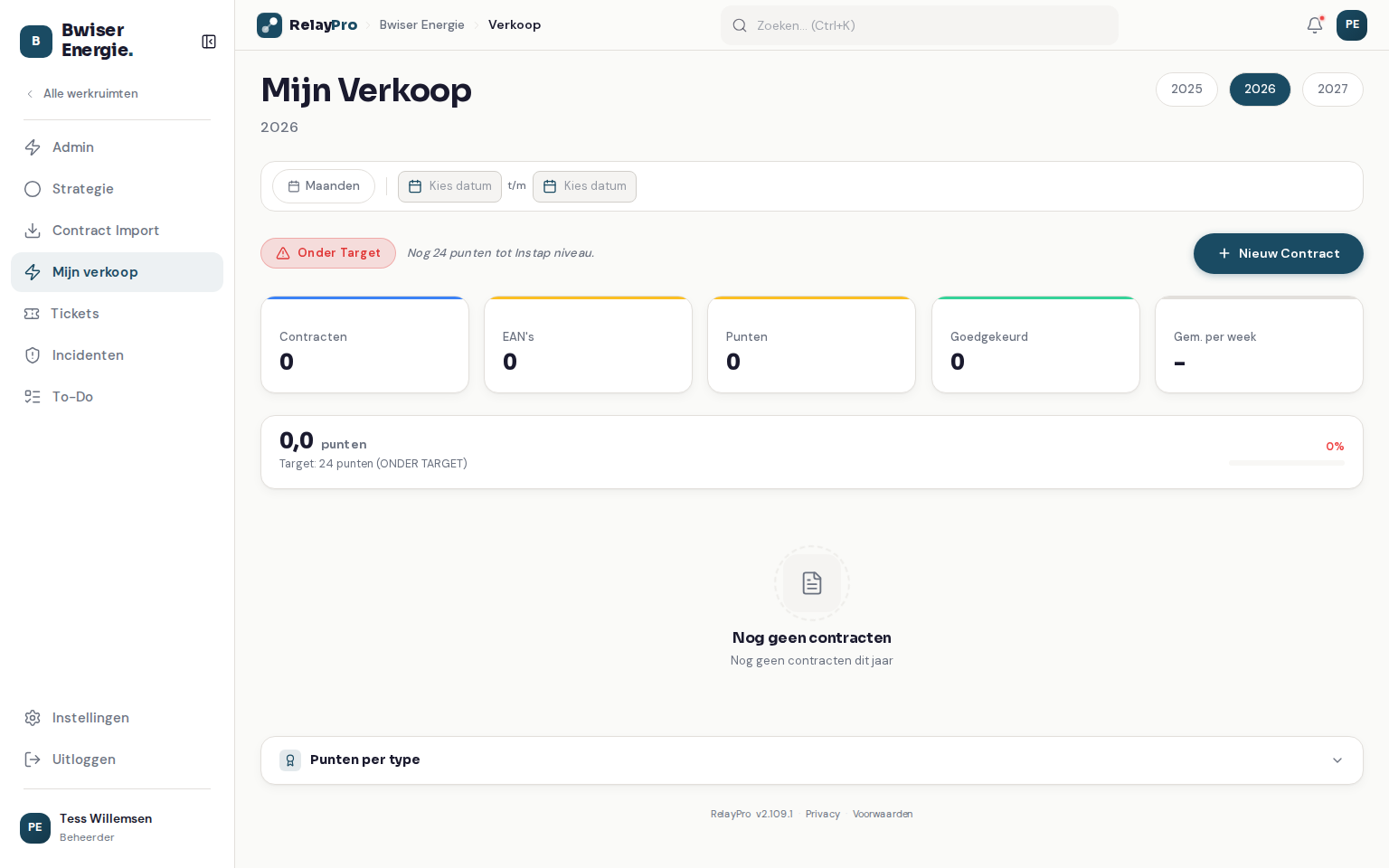 Het Mijn verkoop-dashboard met prestatie-badge, stat-kaarten en weektabel