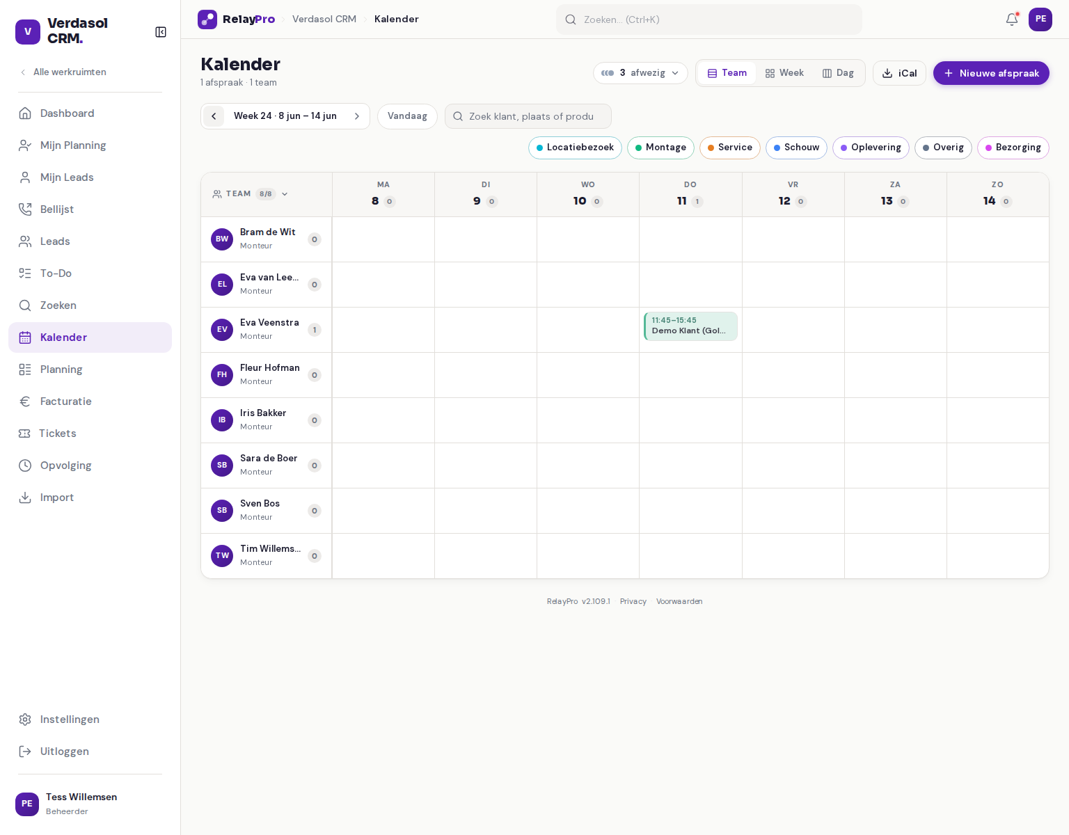 De kalender in RelayPro met de Team-, Week- en Dagweergave-toggle en gekleurde afspraaktypen