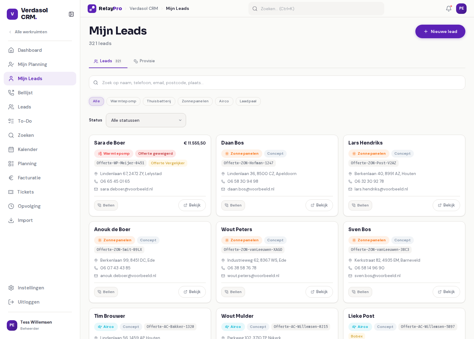 De pagina Mijn Leads in RelayPro met de tabbladen Leads en Provisie