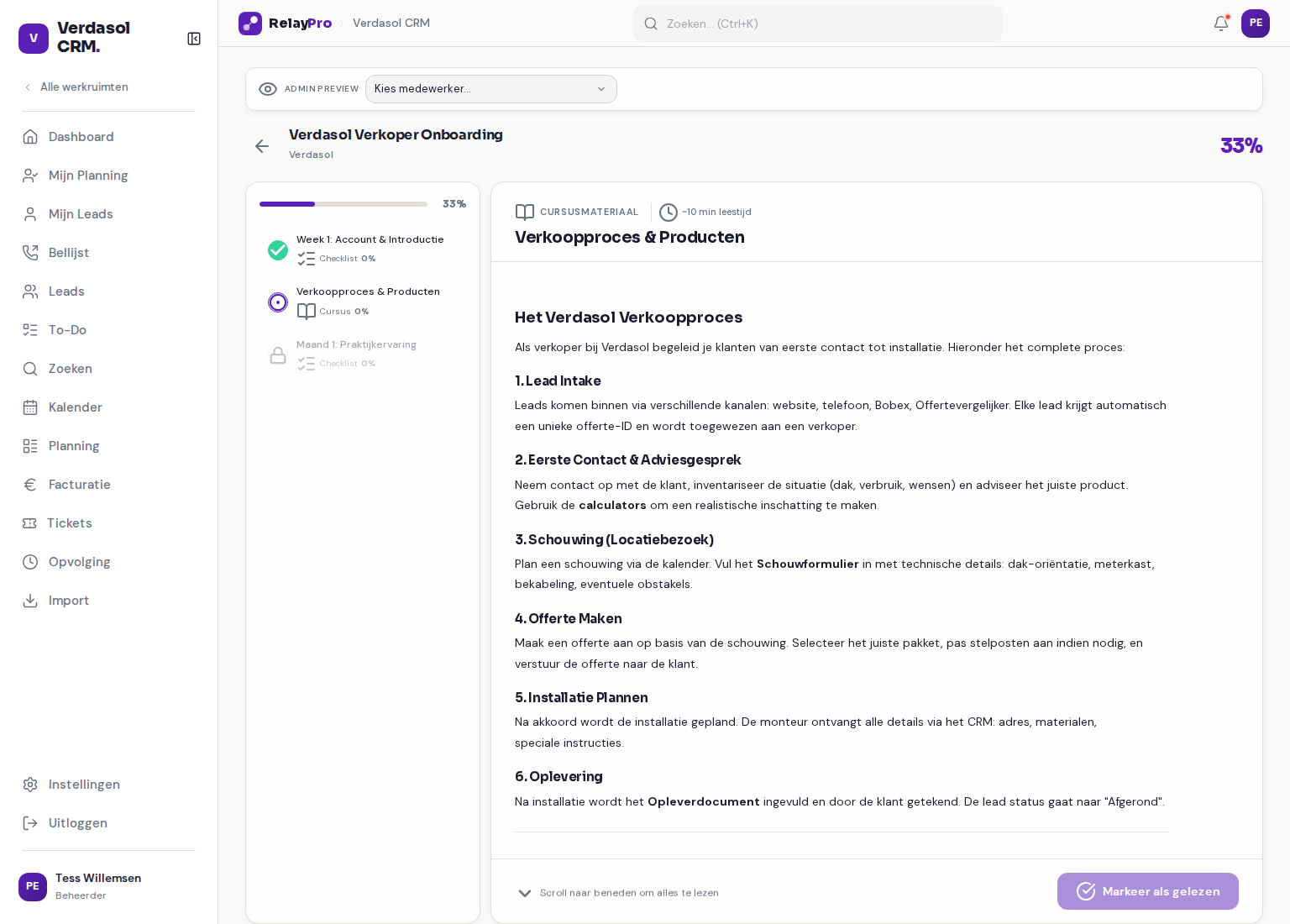De RelayPro-onboardingpagina met stappen links en het voltooiingspercentage rechtsboven
