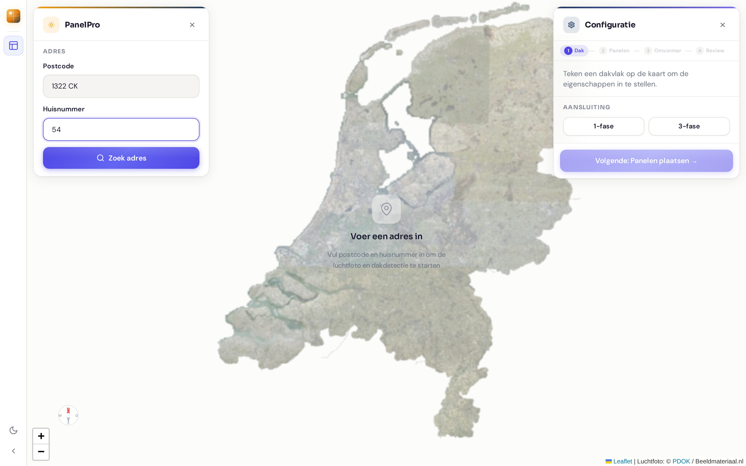 PanelPro toont de gevonden dakvlakken als polygonen met een 3DBAG-badge op de luchtfoto