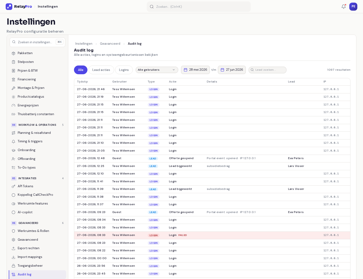 De audit log in RelayPro met tijdstip, gebruiker, type en actie per regel