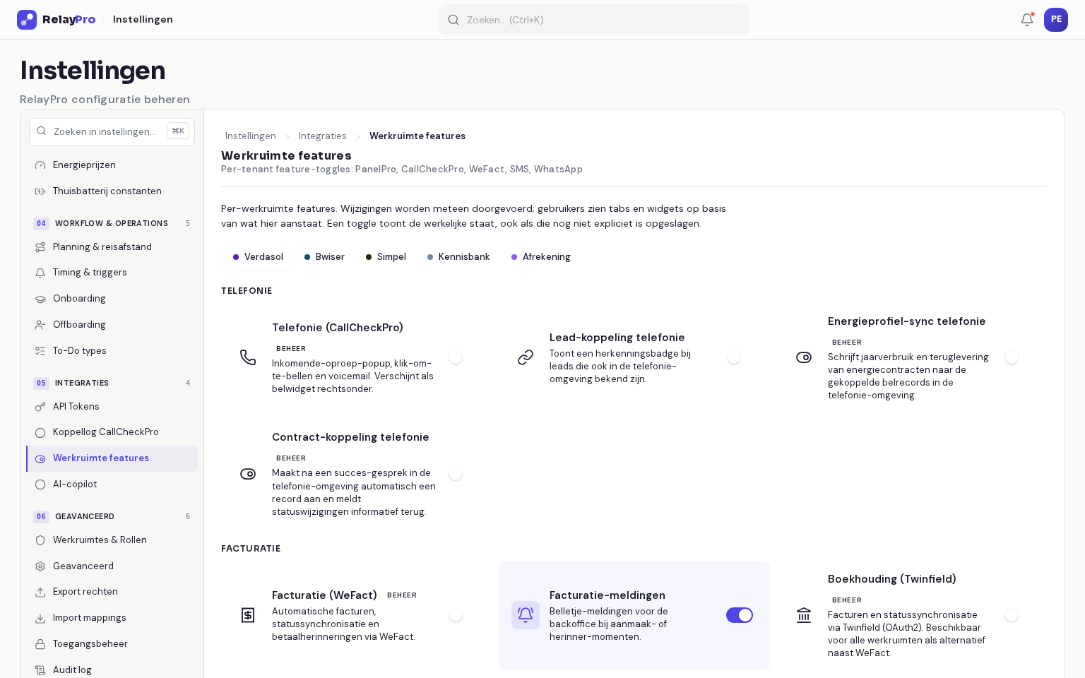 De werkruimte-features in RelayPro met per module een aan/uit-toggle