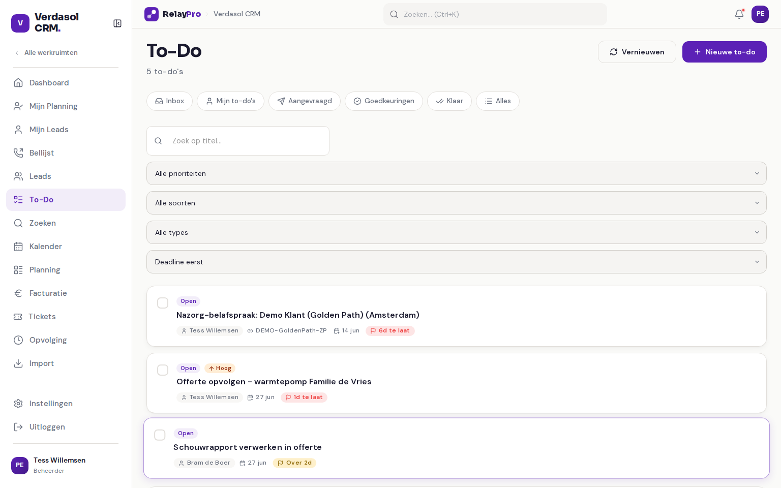 De To-Do-pagina in RelayPro met weergaven, prioriteitsfilters en taakkaarten